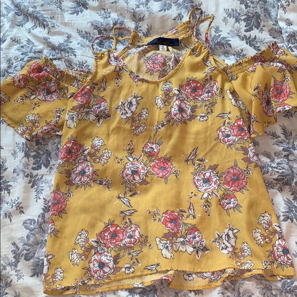 Yellow floral cold shoulder top